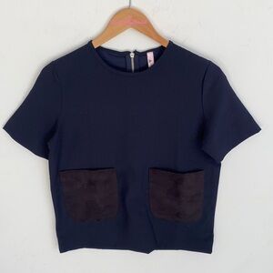 June navy blue short-sleeve crewneck top faux suede square front pockets, Size M